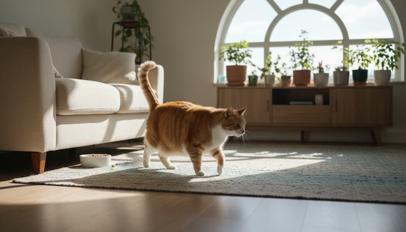 太り気味の猫がリビングを横切る様子