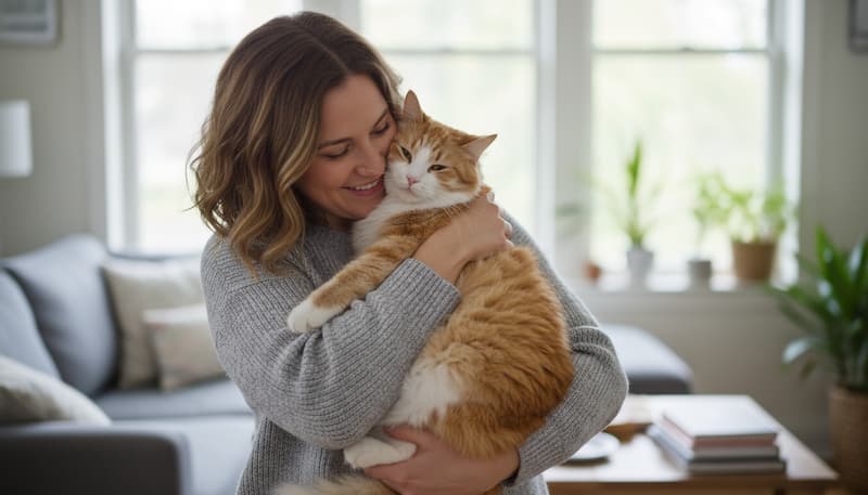 太り気味の猫を抱いている白人飼い主