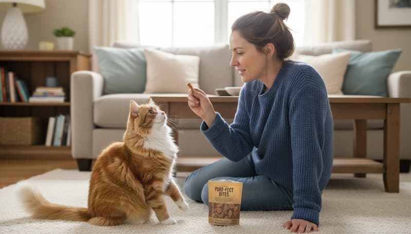 太り気味の猫が白人飼い主からおやつをもらっている様子