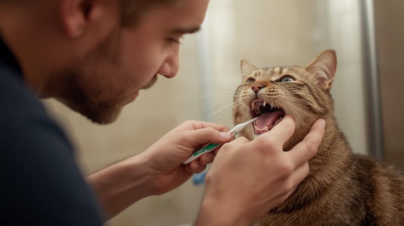 歯ブラシしてもらっている猫