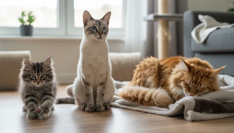 １歳、３歳、６歳の猫、ペルシャ猫、シャムネコ、サイベリアン猫