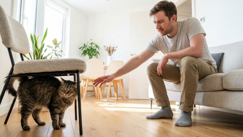 椅子の下に隠れて出てこない猫