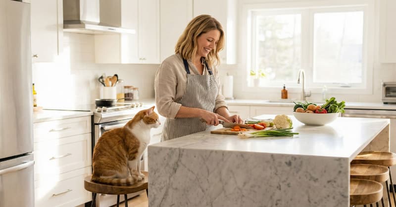 飼い主が料理している様子をそばで座ってみている猫