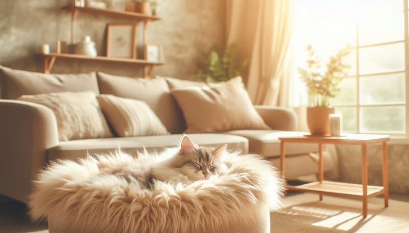リビングの猫ベッドで静かに過ごす猫