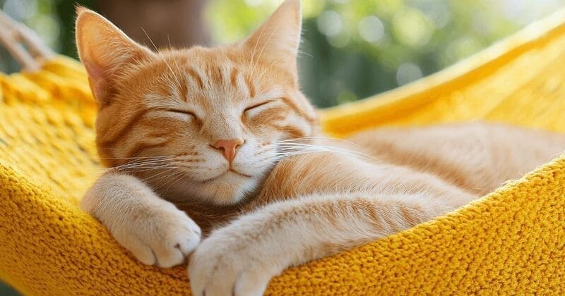 ハンモックでお昼寝をしている猫