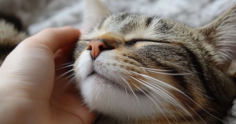 猫の顔を撫でる飼い主の手