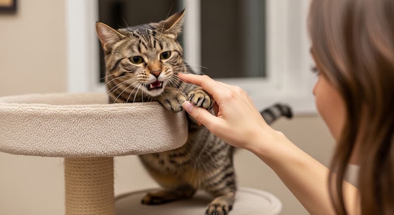 キャットタワーで構われて嫌がっている猫