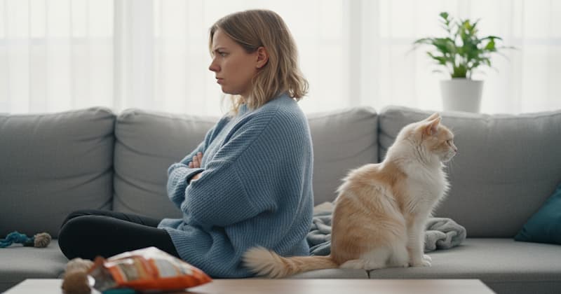 仲良くなれず、背を向けあっている飼い主と猫