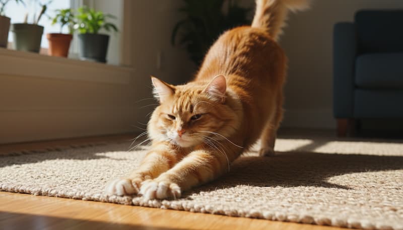 前足を伸ばし伸びをしている猫