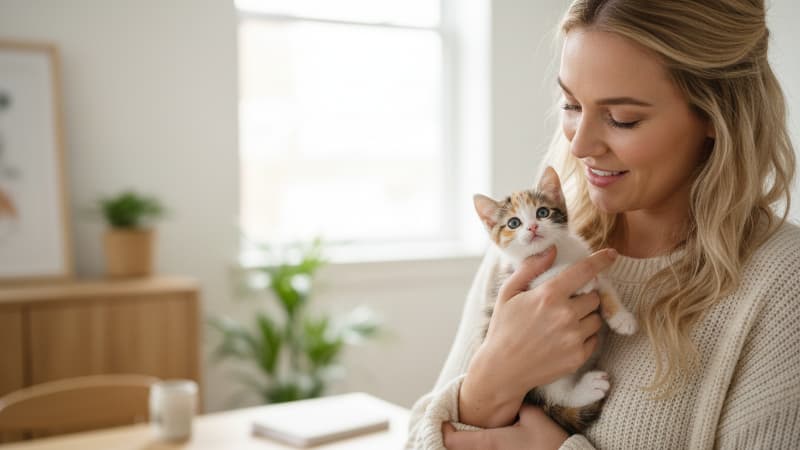 子猫を抱き上げる飼い主