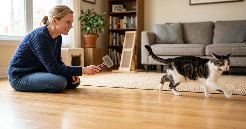 ブラッシングを嫌がり白人飼い主から走り去る猫。