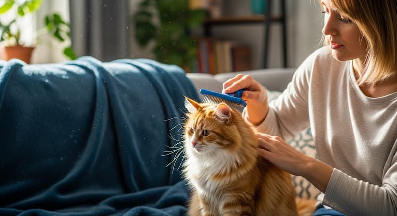 スリッカーブラシでブラッシングしている飼い主と猫