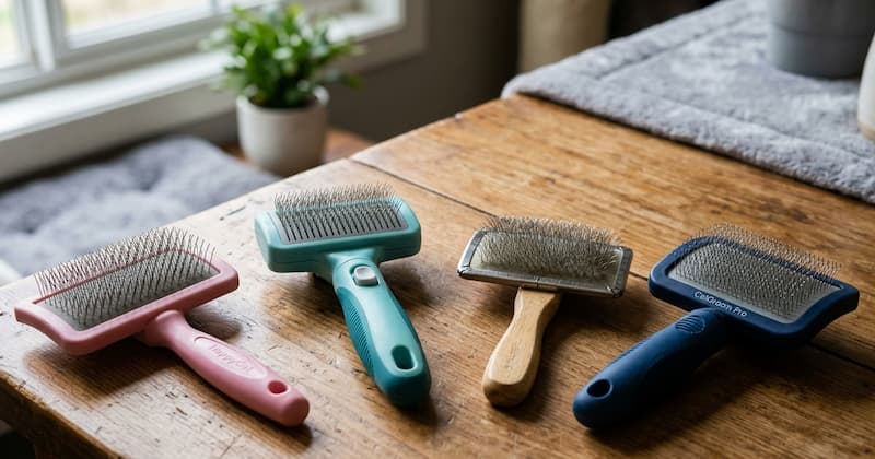 スリッカーブラシの並ぶテーブル