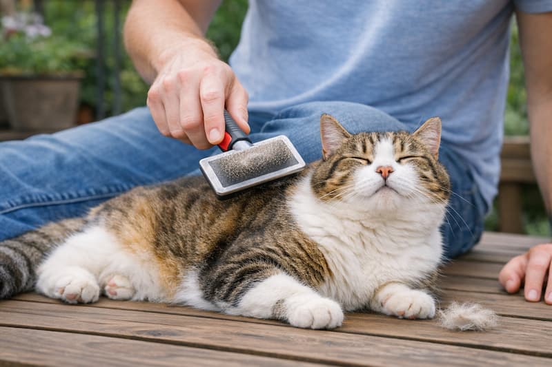 ウッドデッキでブラッシングされている猫