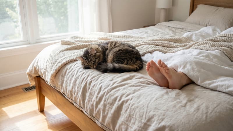 飼い主の足元で眠っている猫