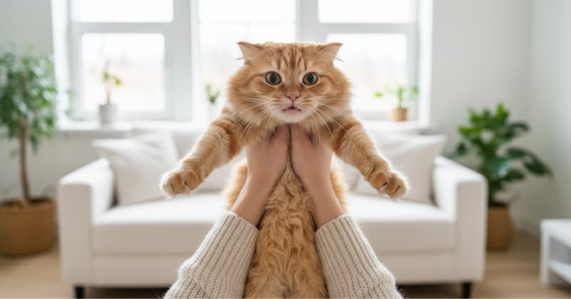 無理やり抱き上げられている猫