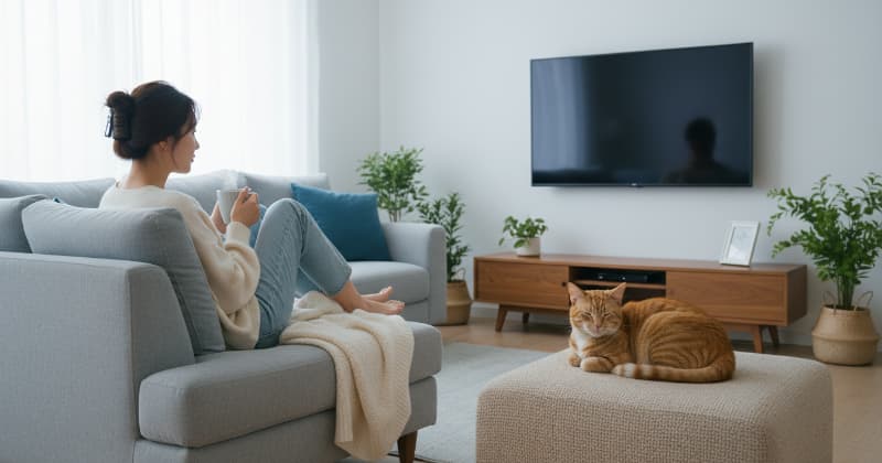 リビングでそれぞれくつろいでいる飼い主と猫