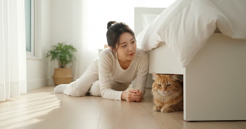 ベッドの下に隠れて出てこない猫と心配そうな飼い主
