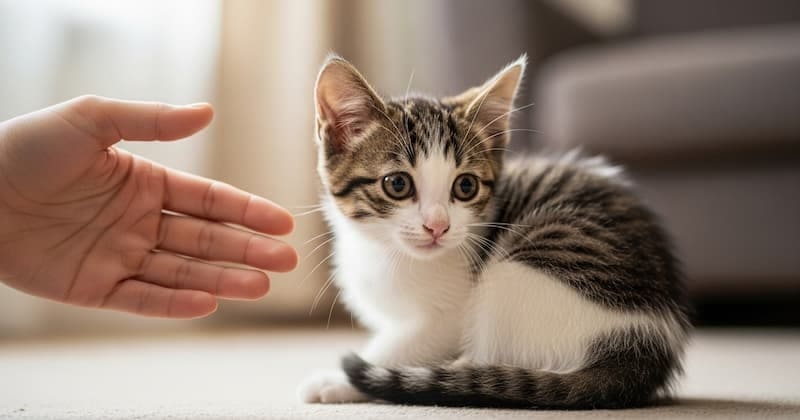 来たばかりの家で飼い主に声をかけられて緊張している猫
