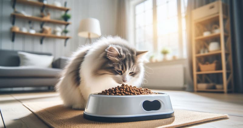 リビングでフードを食べる猫