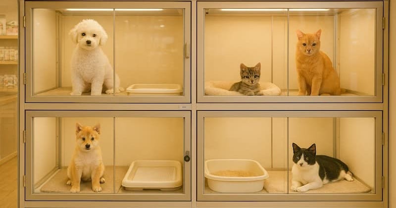 ペットショップに展示されている犬と猫