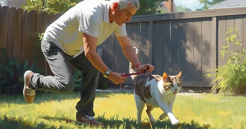 首輪の装着を嫌がって逃げる猫と追いかける飼い主