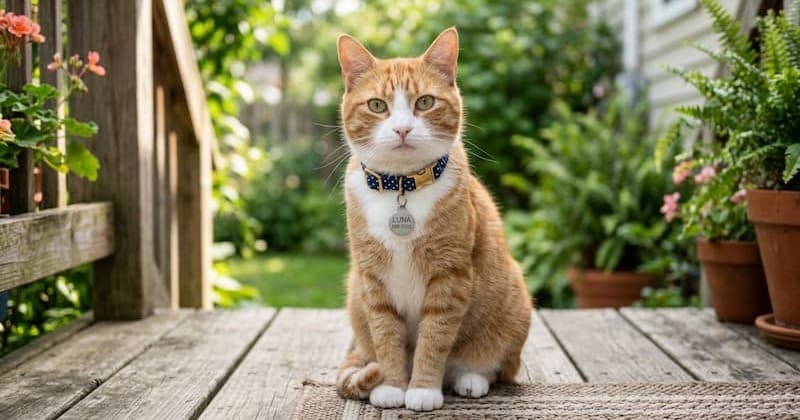 玄関前に座る猫