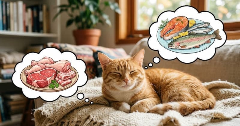 お肉とお魚のことを考えてうれしそうな猫