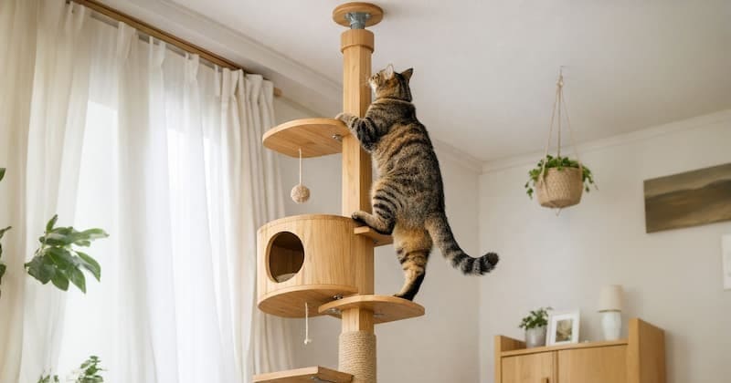 キャットタワーに登る猫