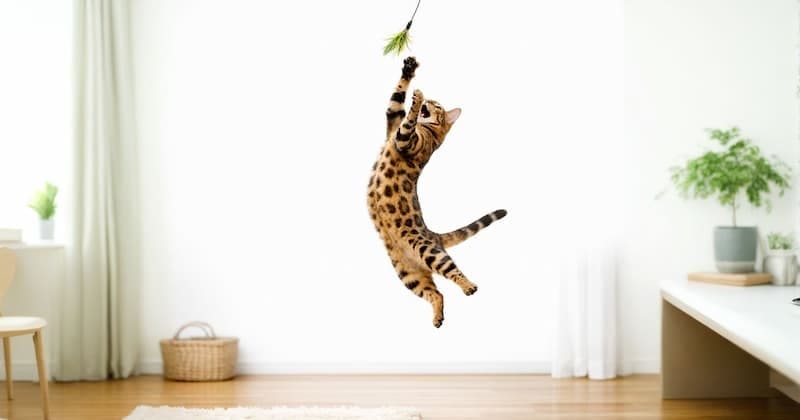 猫じゃらしに夢中で大ジャンプする猫