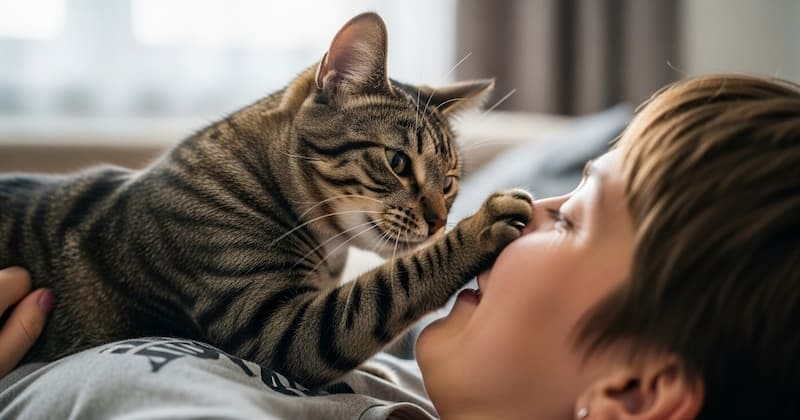 飼い主にじゃれてる猫