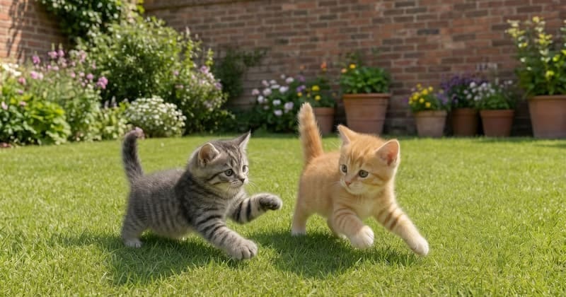 庭で遊ぶ二匹の子猫