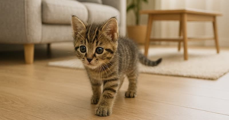 リビングを探索する子猫
