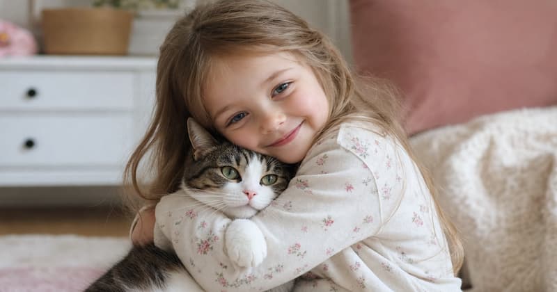 猫をハグする女の子