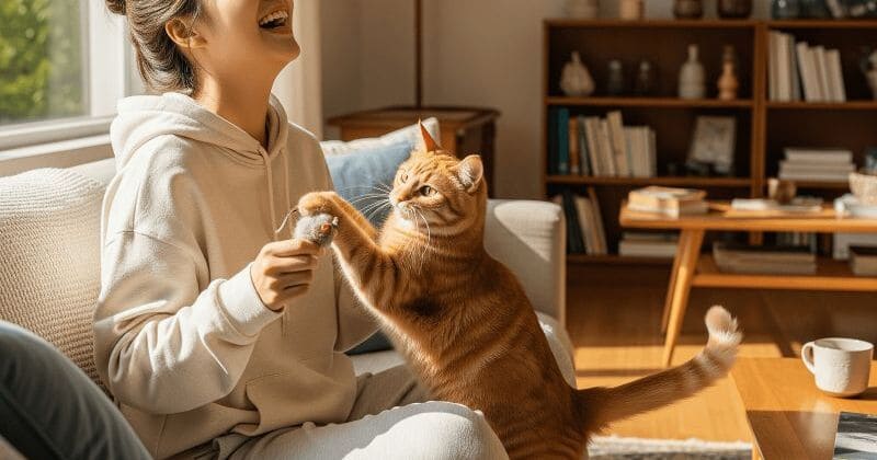飼い主と遊ぶ猫