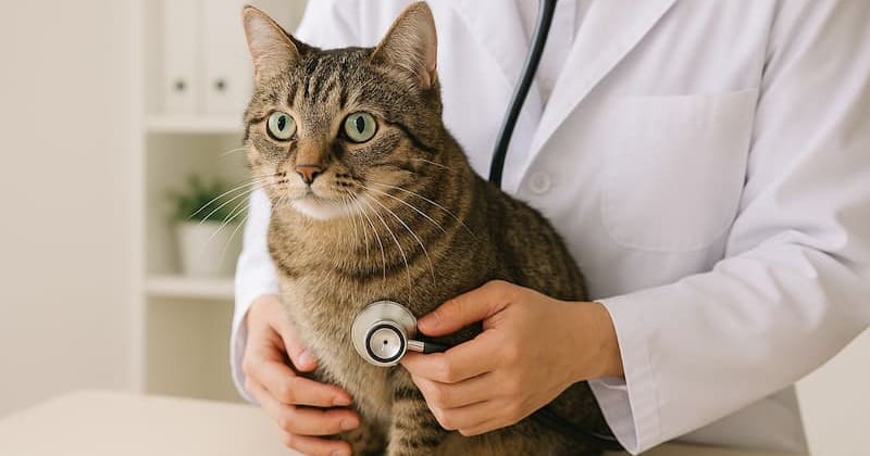 獣医に触診されている猫